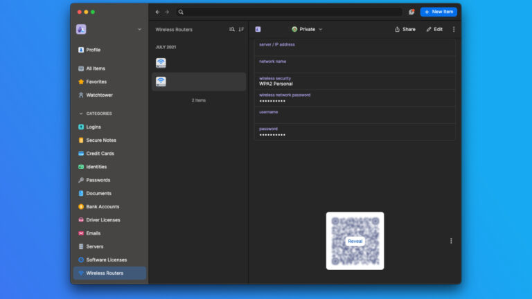 1Password generates a QR code to share your Wi-Fi password